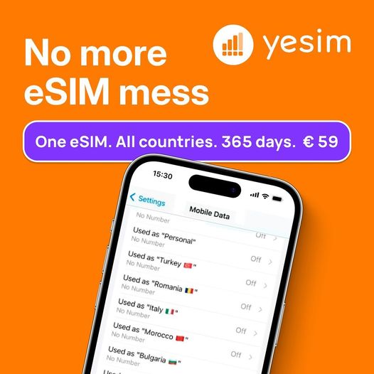 Yesim - No more eSIM mess one eSIM. ALL countries. 365 days. € 59